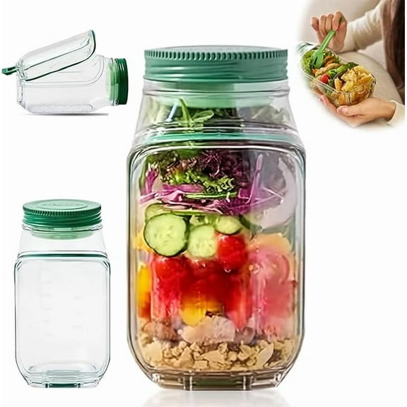 Salad Pod Mason Jar with Side Opening & Leak-Proof Lid - 32oz Portable Salad Container, Dressing Compartment, Microwave/Dishwasher/Freezer Safe for Meal Prep, Travel, Home Use (1)