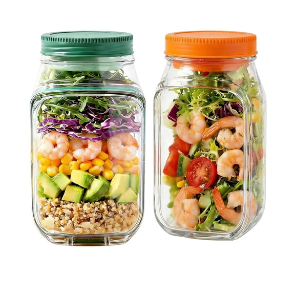 Salad Pod Side Open Jar - Leakproof Salad Jar with Side Opening & Dressing Cup - Portable Salad Container for Lunch with Spork (Green/Orange/2-Pack)