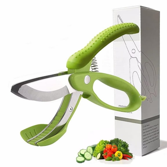 Salad Scissors with Double Blade, Multifunctional Kitchen Chopper Tool for Lettuce, Vegetables, Heavy Duty Stainless Steel Kitchen Salad Scissors Salad Cutter, Green