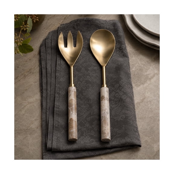 Salad Serving Utensil Set for Kitchen Accessories - Decorative Serveware and for Entertaining Essentials - Modern Marble Handles for Kitchen Serving Tools - Set of 2, 1", Tan & Gold