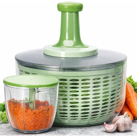 Salad Spinner and Chopper: Large 6.3-Quart Lettuce Greens Vegetable Washer Dryer, with Bonus 0.95-Quart Veggie Chopper Mixer, Compact Storage, Easy Push Operation for Quick Prepping