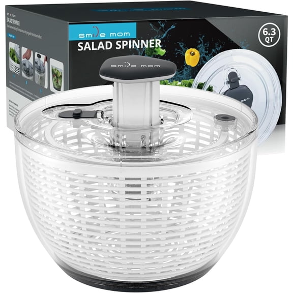 Salad Spinner Large Lettuce Kitchen Gadgets, Vegetable Washer, High Efficiency for Washing & Drying Leafy Vegetables, One-Handed Easy Press 6.3 Qt White