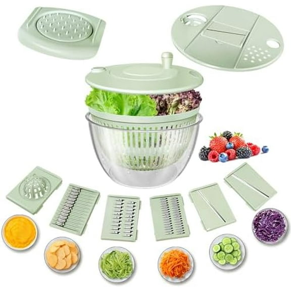 Salad Spinner Large, Vegetables Fruits Wash Bowl,Lettuce Spinner Pasta and Fries Dryer with 5 Blades,Egg Yolk Strainer Slicer Shredder for Kitchen Colander, 5.3 Qt, Green White