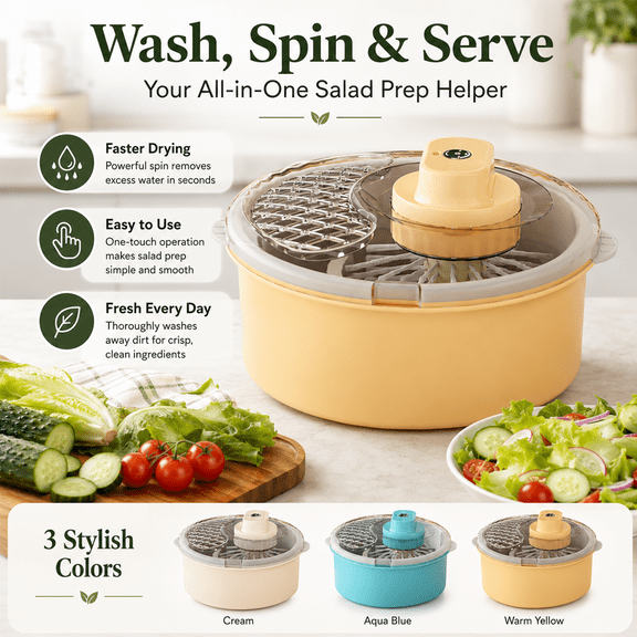 Salad Spinner and Vegetable Washer, 2-in-1 Lettuce Spinner with Large Bowl, Produce Dryer for Fruits & Veggies, Kitchen Salad Prep Tool for Fresh Meals