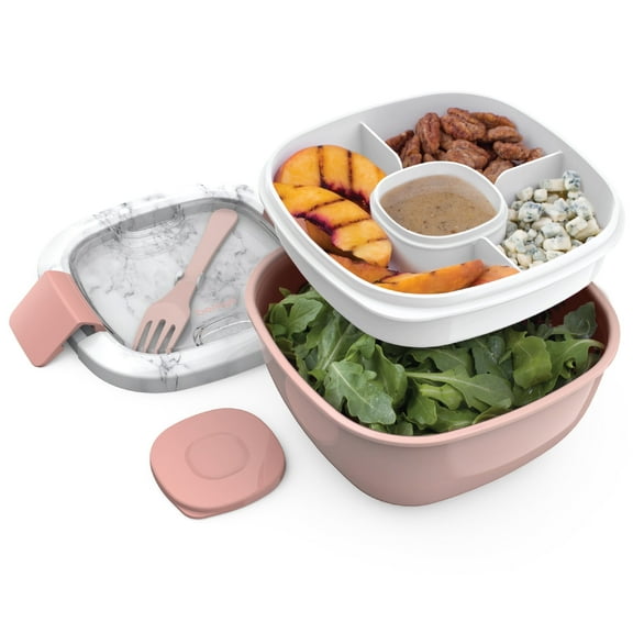 Salad - Stackable Lunch Container with Large 54-oz Salad Bowl,4-Compartment Bento-Style Tray for Toppings,3-oz Sauce Container for Dressings,Built-In Reusable Fork & BPA-Free (Blue)