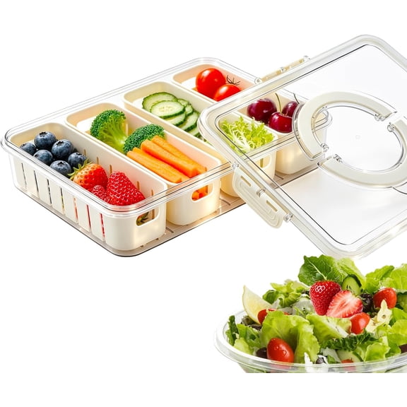 Salad Storage Container for Fridge, Produce Saver Bin with Lid & Handle | Tight seal divided tray keeps produce fresh, multi-section tray great for fridge meal prep, sturdy and portable