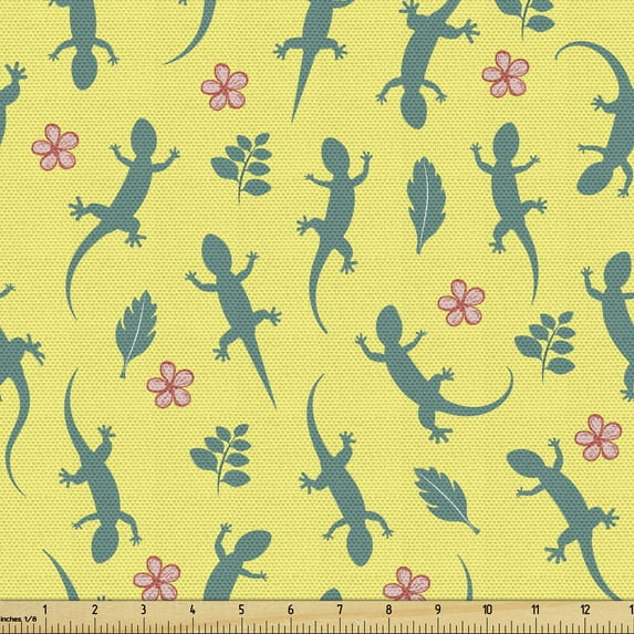 Salamander Fabric by the Yard Upholstery, Continuous Minimalist Pattern of Hawaiian Flowers and Reptiles, Decorative Fabric for DIY and Home Accents, 2 Yards, Cadet Blue Pink and Yellow by Ambesonne