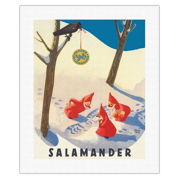 Salamander Shoes - Germany - 3 Gnomes - Vintage Advertising Poster by Franz Weiss c.1955 - Fine Art Rolled Canvas Print 16in x 20in