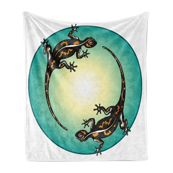 Salamander Soft Flannel Fleece Throw Blanket, Artwork of Lizards Ornamented into a Circle, Cozy Plush for Indoor and Outdoor Use, 60" x 80", Sea Green Dark Brown, by Ambesonne