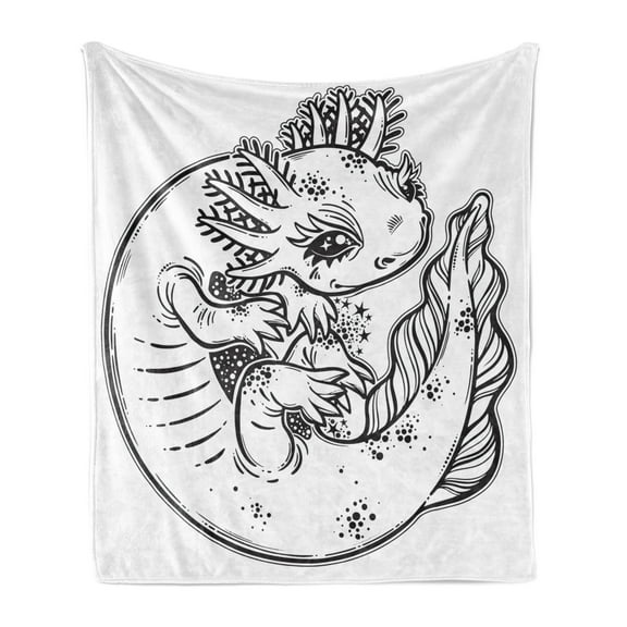 Salamander Soft Flannel Fleece Throw Blanket, Close Shot Graphic Illustration of an Axolotl Monochrome Drawing, Cozy Plush for Indoor and Outdoor Use, 60" x 80", Charcoal Grey and White, by Ambesonne