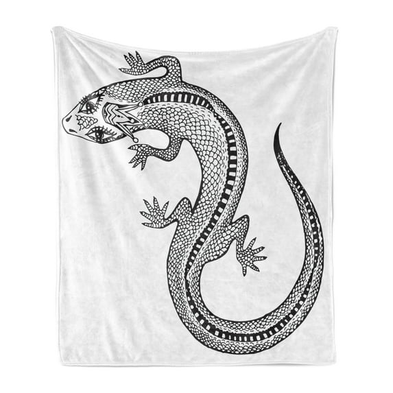 Salamander Soft Flannel Fleece Throw Blanket, Close Shot Illustration of a Detailed Exotic Lizard in a Crown, Cozy Plush for Indoor and Outdoor Use, 60" x 80", Charcoal Grey and White, by Ambesonne