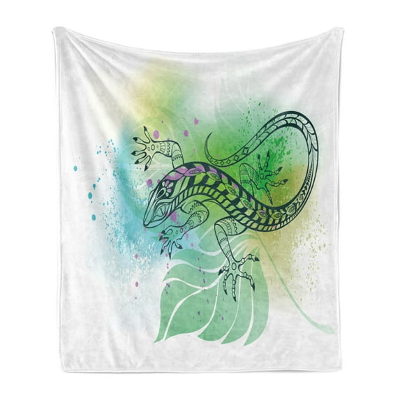 Salamander Soft Flannel Fleece Throw Blanket, Dark Grey Outline of a Lizard on Nature Tones Botanical Exotic Art, Cozy Plush for Indoor and Outdoor Use, 50" x 60", White and Multicolor, by Ambesonne