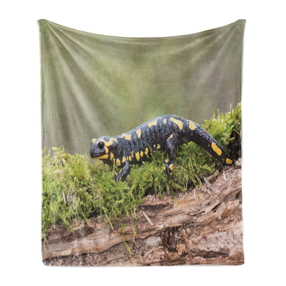 Salamander Soft Flannel Fleece Throw Blanket, Picturesque of a Walking Animal on Branch with Moss Blurry Background Print, Cozy Plush for Indoor and Outdoor Use, 60" x 80", Multicolor, by Ambesonne