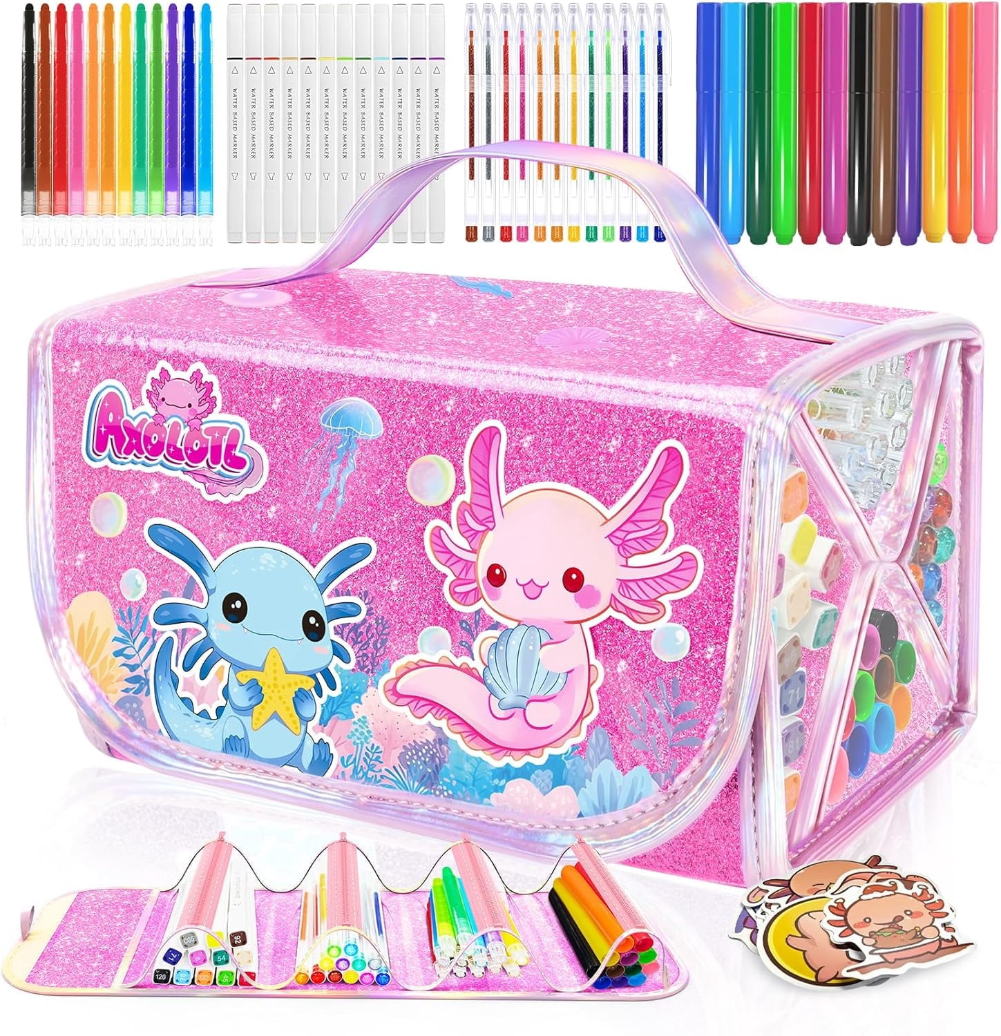 70PCS Axolotl Washable Markers Set with Glitter Case,Supplies for Kids Ages 4-6-8,Drawing Coloring Craft Kits for Girls with Marker,Glitter Pens,Crayon,Birthday Gifts Toys for Girls