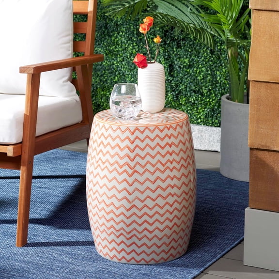 Salana 18-Inch Chevron Ceramic Garden Stool White Orange Decorative Accent Indoor Outdoor Side Table Plant Stand  Decor