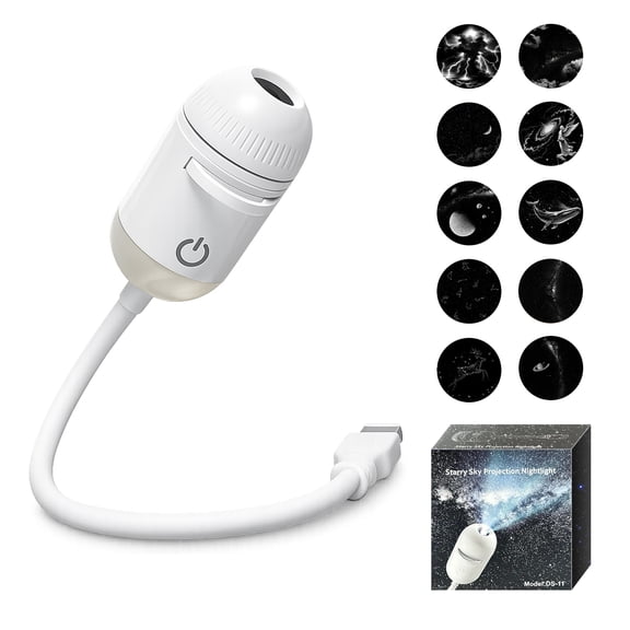 Salange 2-in-1 USB Projector Night Light with 10 Sliding Projection Films, Adjustable Brightness 360° Rotating Design for Car and Home Decoration,White