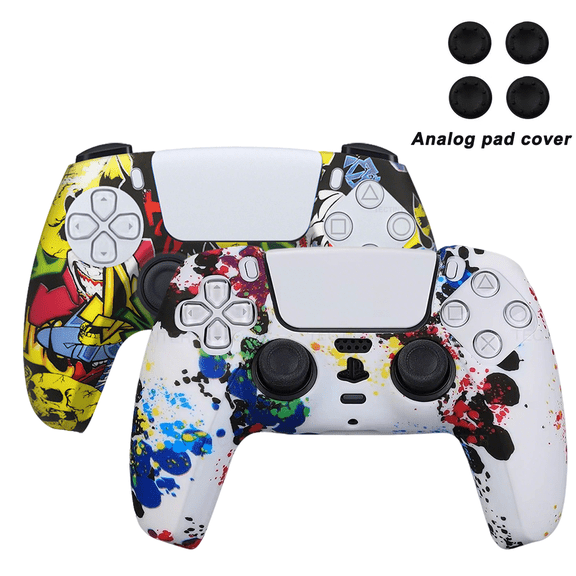Salange 2PCS For PS5 Controller Skin, Anti-Slip Silicone Cover Case, Soft Rubber Protector Skin for PS5 Wireless Controller with Thumb Grip Caps, Rainbow & Graffiti Colors