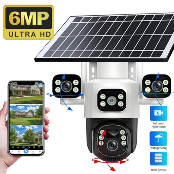 Salange 6MP Solar Security Camera, Waterproof PIR Detection, 360 View Wireless Rechargeable Battery Powered Home Three Lens Surveillance Camera with Color Night Vision 2-Way Audio