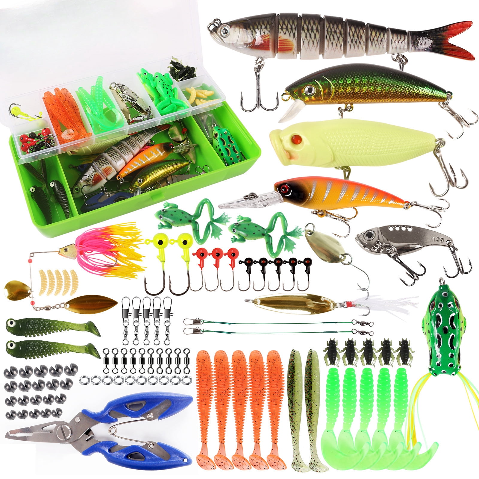 Salange 94pcs Fishing Lure Tackle Kit,Includes VIBs, Frogs, Minnows, Soft Baits, Hooks & Weights ,Freshwater Lure Set for Bass, Walleye, Trout Complete Tackle Box with Accessories