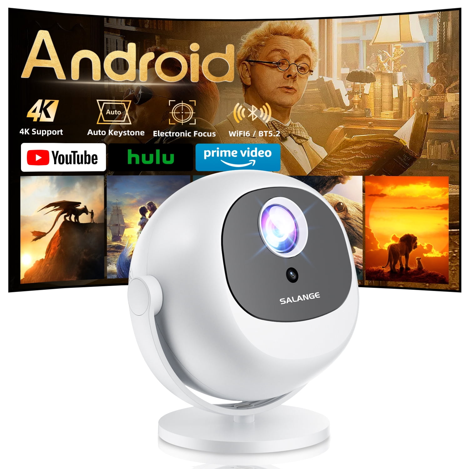 Salange Full HD Projector with 1080p,360° Stand Rotatable,4K Support and Wifi and Bluetooth,Auto Keyston for Home&Outdoor Movie