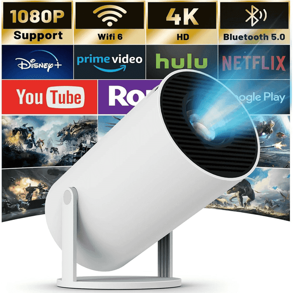 Salange Projector 4K 1080P Support with Bluetooth and WiFi 6, Auto Correction/Focus, Mini Projector Smart for Movie Projection
