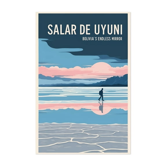 Salar de Uyuni Vintage Travel Poster – Bolivia’s Mirror Desert - Potosi Department Bolivia Illustration Travel Poster Minimalist Landscape Sunset Nature Scenic Unframed Wall Art Print 20 x 30 inches