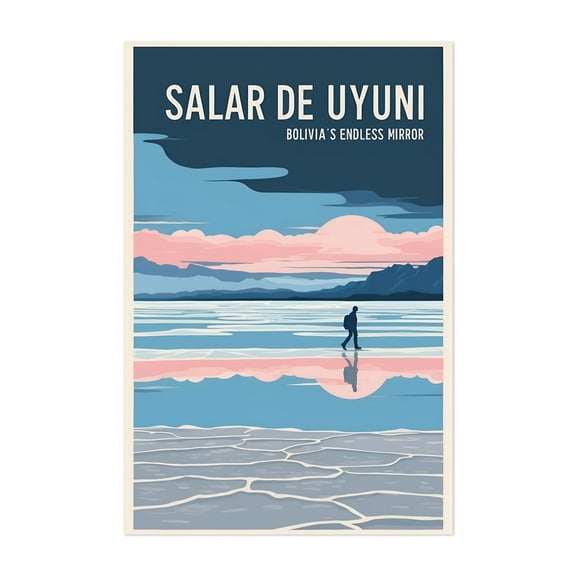 Salar de Uyuni Vintage Travel Poster – Bolivia’s Mirror Desert - Potosi Department Bolivia Illustration Travel Poster Minimalist Landscape Sunset Nature Scenic Unframed Wall Art Print 4 x 6 inches