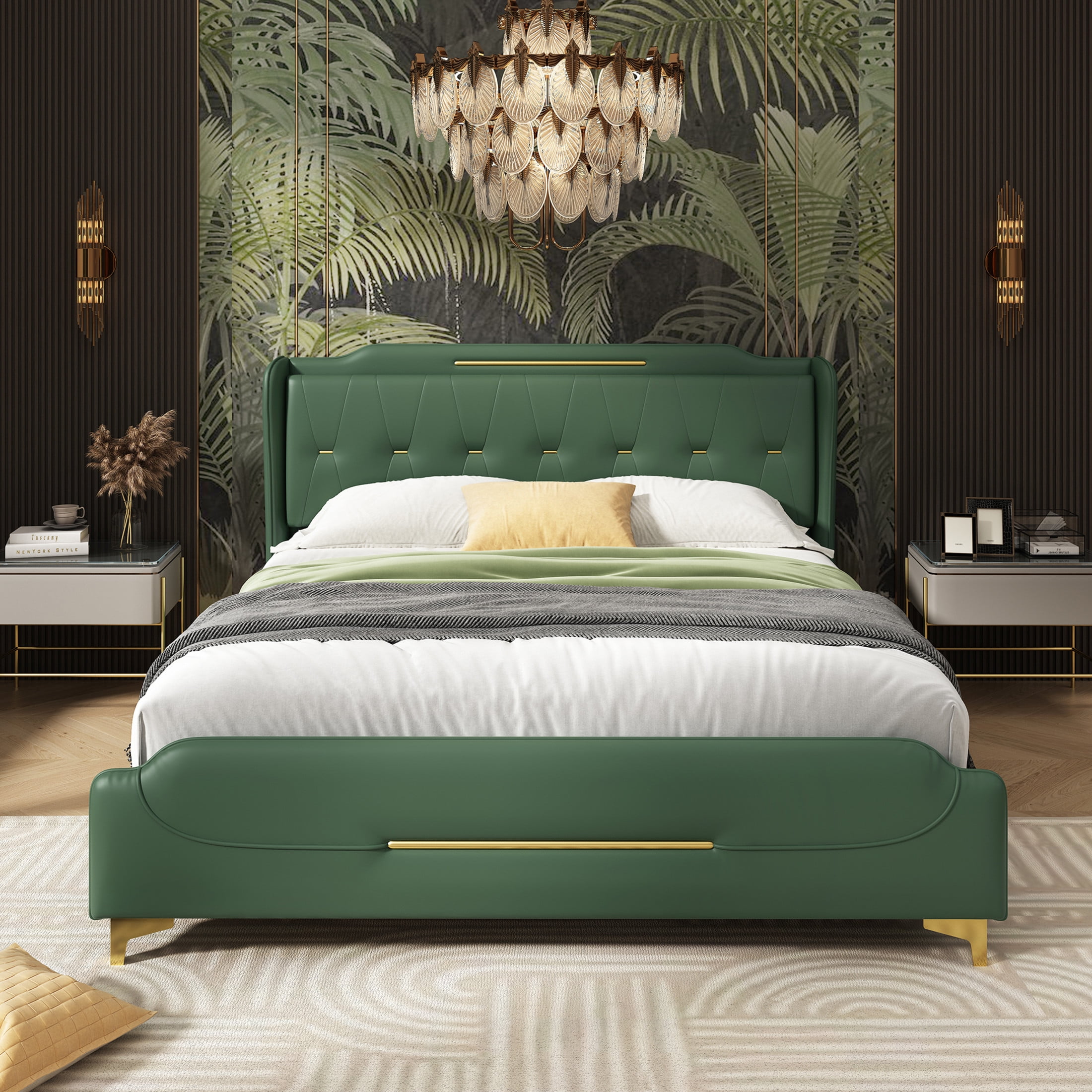 Salas Queen Size Green Modern Upholstered PU Leather Platform Bedframe with Gold Metal Accents and Wingback Headboard