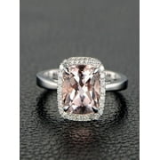 JEENJEWELS Sale: 1.25 Carat Cushion Cut Peach Pink Morganite and Diamond Halo Engagement Ring in 10k White Gold for Women on Sale