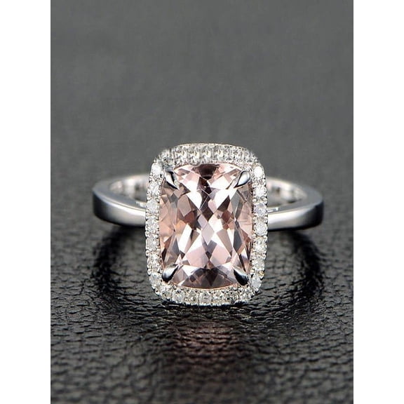 Sale: 1.25 Carat Cushion Cut Peach Pink Morganite and Diamond Halo Engagement Ring in 10k White Gold for Women on Sale