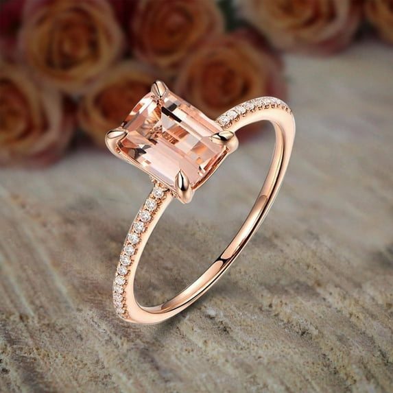 Sale: 1.25 Carat Emerald Cut Morganite And Diamond Moissanite Engagement Ring With 18K Rose Gold Plating, Promise Ring, Anniversary Ring