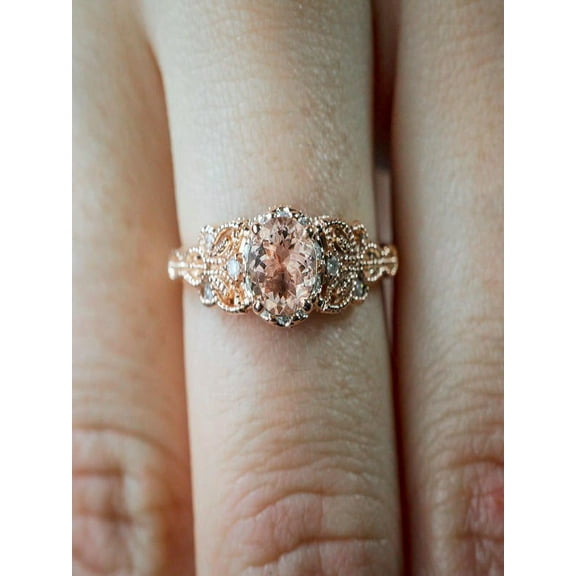 Sale 1.25 Carat Peach Pink Morganite (Round Shaped Morganite) and Diamond Engagement Ring in 10k Rose Gold Jewelry