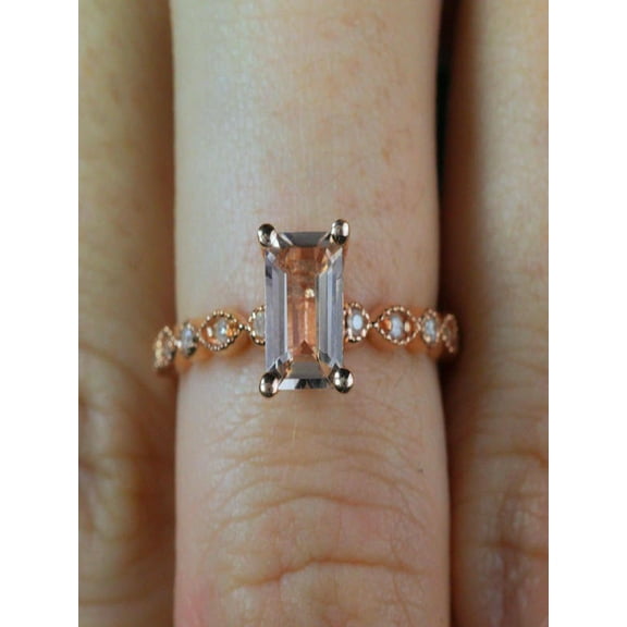 Sale: 1.25 Carat Peach Pink Morganite (emerald cut Morganite) and Diamond Engagement Ring in 10k Rose Gold