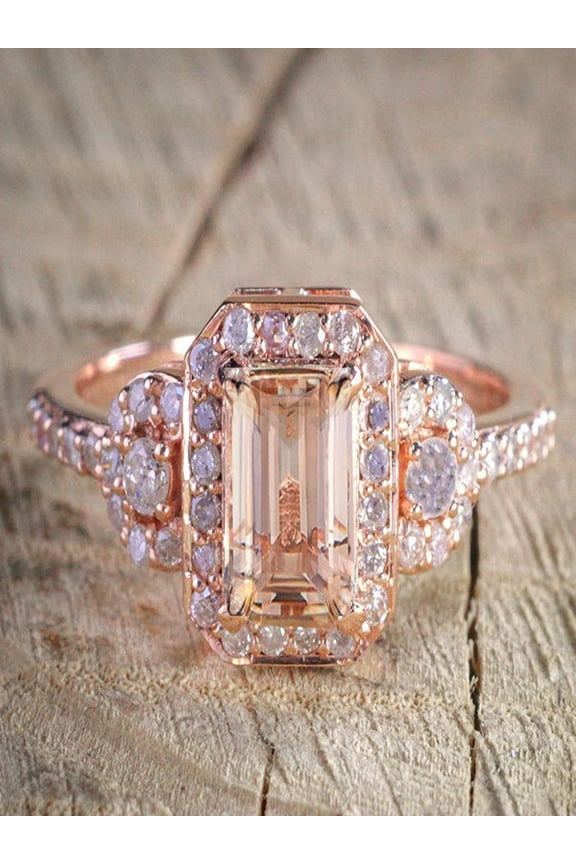 Sale: 1.25 Carat Peach Pink Morganite (emerald cut Morganite) and Diamond Engagement Ring in 10k Rose Gold
