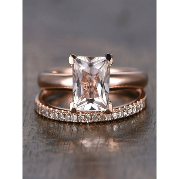 Sale: 1.25 Carat Peach Pink Morganite (princess cut Morganite) & Diamond Engagement Bridal Wedding Ring Set in 10k Rose Gold