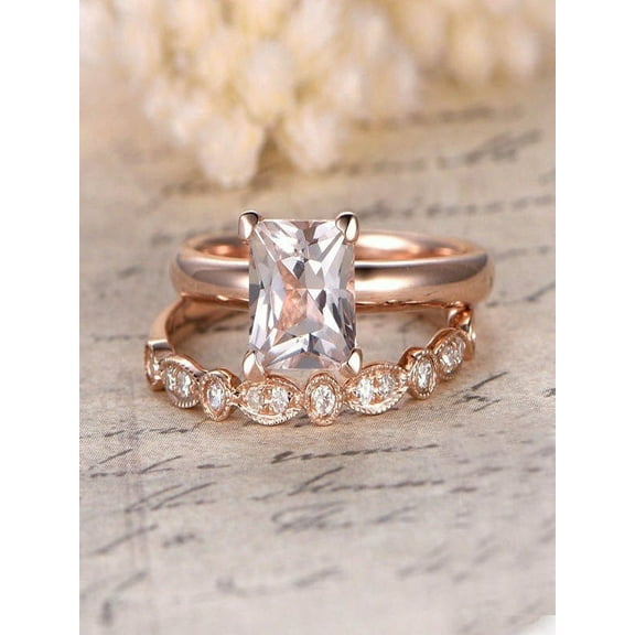 Sale: 1.25 Carat Peach Pink Morganite (princess cut Morganite) and Diamond Engagement Bridal Wedding Ring Set in 10k Rose Gold