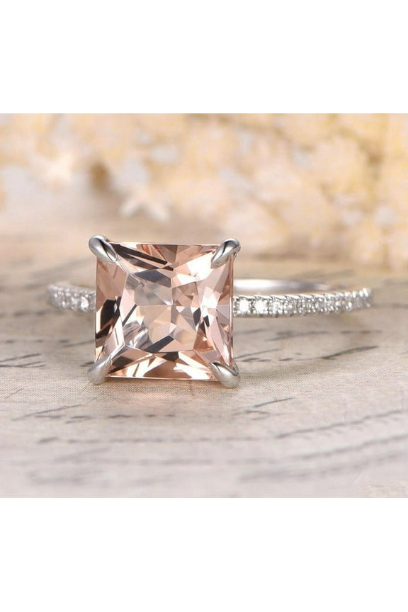 Sale 1.25 Carat Princess Cut Peach Pink Morganite And Diamond Moissanite Engagement Ring With 18K White Gold Plating, Promise Ring, Anniversary Ring