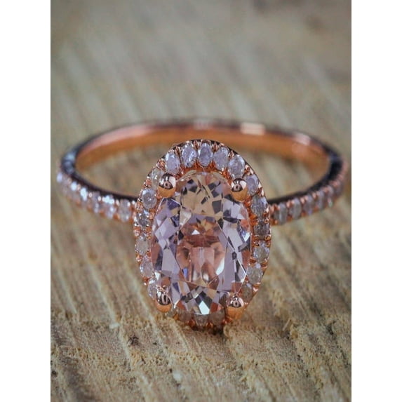 Sale: 1.50 Carat Peach Pink Morganite (Round cut Morganite) and Diamond Halo Engagement Ring in 10k Rose Gold