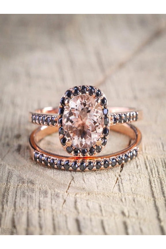 Sale: 1.50 Carat Peach Pink Morganite (Round cut) and Black Diamond Engagement Bridal Wedding Ring Set in 10k Rose Gold