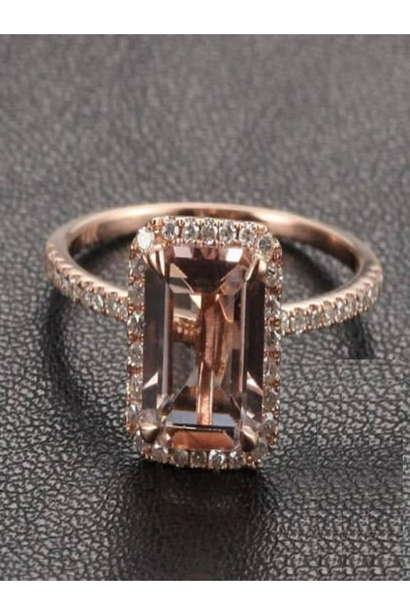 Sale: 1.50 Carat Peach Pink Morganite (emerald cut Morganite) and Diamond Engagement Ring in 10k Rose Gold