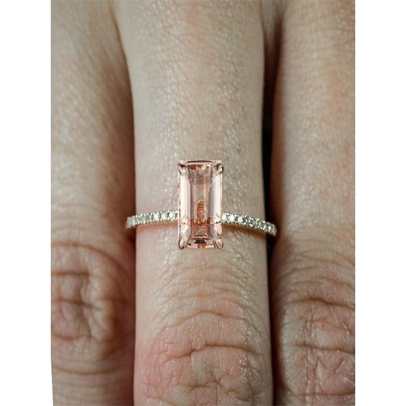 Sale 1.50 Carat Peach Pink Morganite (emerald cut Morganite) and Diamond Engagement Ring in 10k Rose Gold