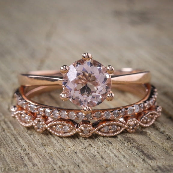 Sale 1.50 carat Antique Milgrain Morganite and Diamond Trio Ring Set in 10k Rose Gold with One Engagement Ring and 2 Wedding Bands