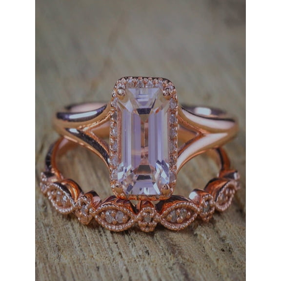 Sale 1.50 carat Antique milgrain Morganite and Diamond Bridal Wedding Ring Set Split Shank in Rose Gold for Women Cheap Affordable Set
