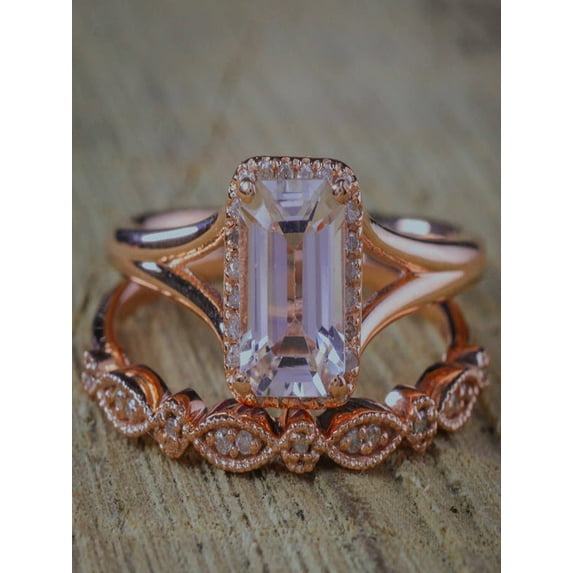 Sale 1.50 carat Antique milgrain Morganite and Diamond Bridal Wedding Ring Set Split Shank in Rose Gold for Women Cheap Affordable Set