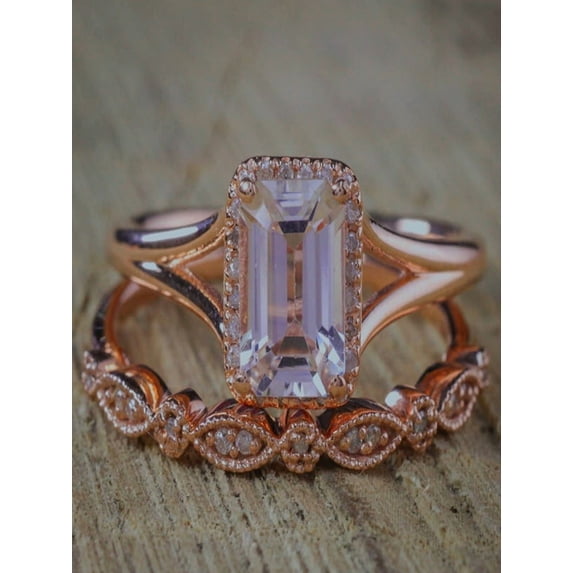 Sale 1.50 carat Antique milgrain Morganite and Diamond Bridal Wedding Ring Set Split Shank in Rose Gold for Women Cheap Affordable Set