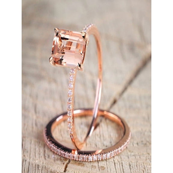 Sale 1.50 carat Morganite and Diamond Halo Bridal Wedding Ring Set in Rose Gold: Bestselling Design