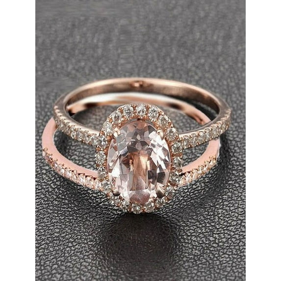Sale 1.50 carat Round Cut Morganite and Diamond Halo Bridal Wedding Ring Set in Rose Gold: Bestselling Design