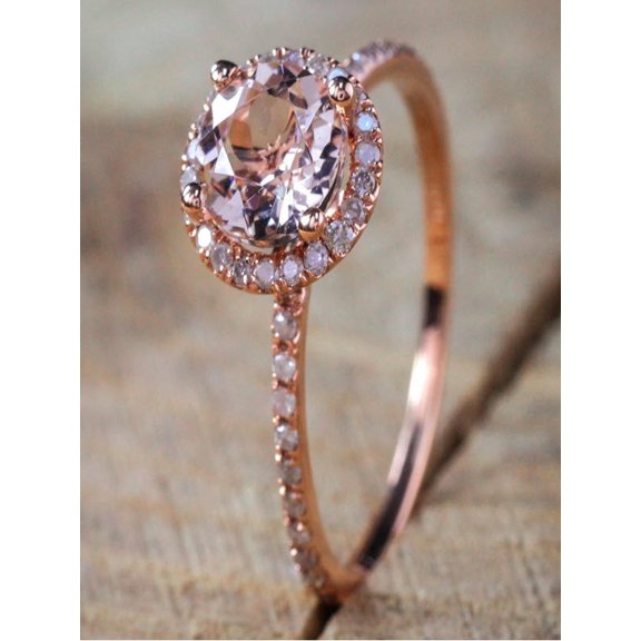Sale: 1.75 Carat Peach Pink Morganite (Round cut Morganite) and Diamond Halo Engagement Ring in 10k Rose Gold