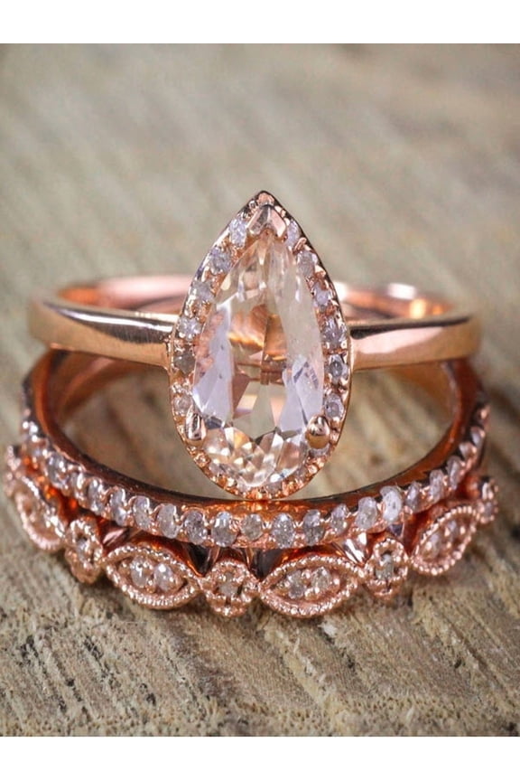 Sale On 2.25 Carat Pear Shape Morganite And Diamond Moissanite Halo Trio Bridal Wedding Ring Set Antique Vintage Design Milgrain In 10K Rose Gold For Women, Promise Ring, Anniversary Ring