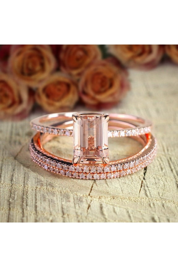 Sale 2.50 Carat 7X5mm Emerald Cut Morganite And Diamond Moissanite 3 Rings Set , 1 Engagement Ring And 2 Wedding Bands With 18K Rose Gold Plating